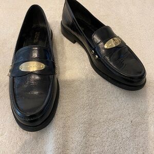 NEW Michael Kors Black Leather Loafers with Gold Detail. SZ 6-1/2